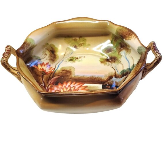 Noritake Bowl Made in Japan Hand Painted 6 Sided Hexagon 2 Handled Scenic - Picture 2 of 10